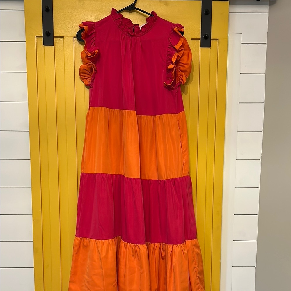 THML Women's Colorblock Midi Dress - Pink and Orange